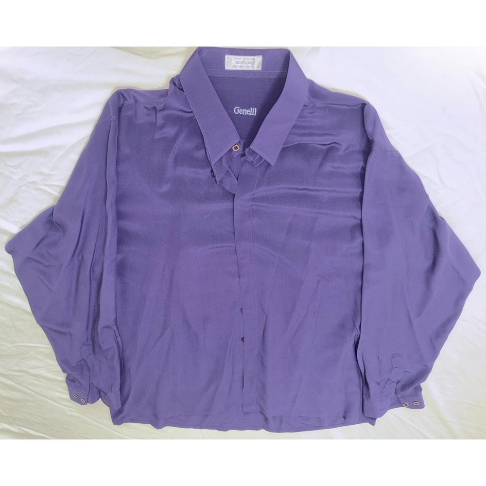 VINTAGE MENS GENELLI Purple Monotone SILK SHIRT NEHRU COLLAR XXL Tall
